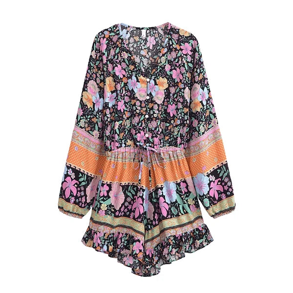 Boho Midnight Garden Floral Long Sleeve Romper