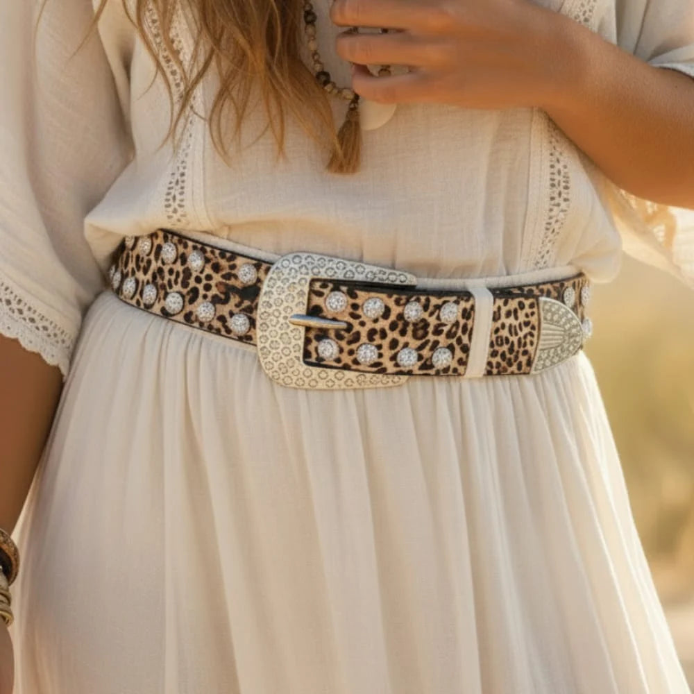 Boho Leopard Print Leather Belt