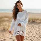 Crochet Knit Beach Cover Up with Tassel Fringe