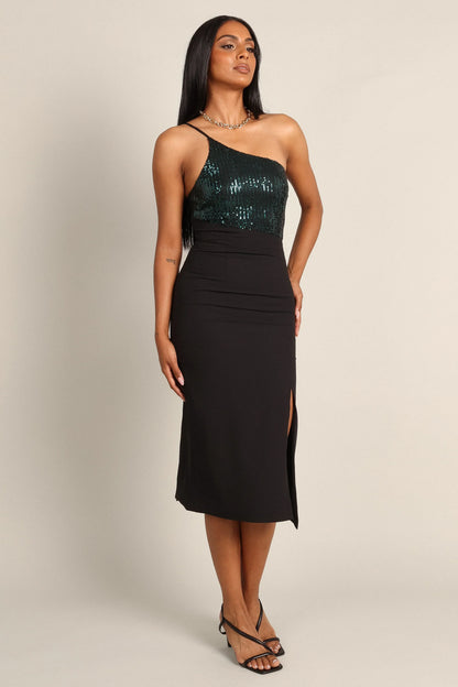 Xayne One Shoulder Sequin Midi Dress Black Emerald