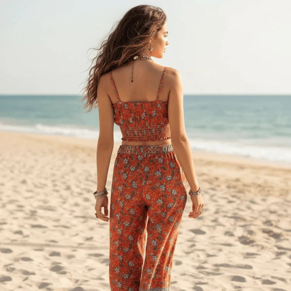 Rust Floral Crop Top Wide Leg Pants Set