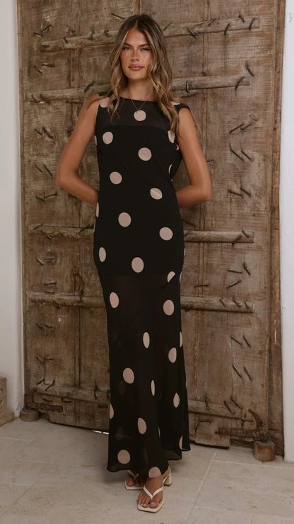 Beverly Maxi Dress Black Cream Polka Dot