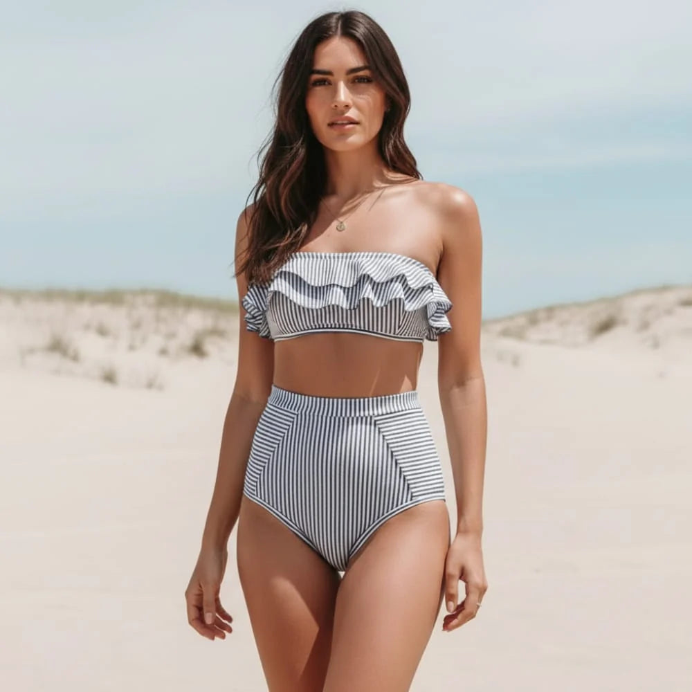 Striped Bandeau High Waisted Bikini Set