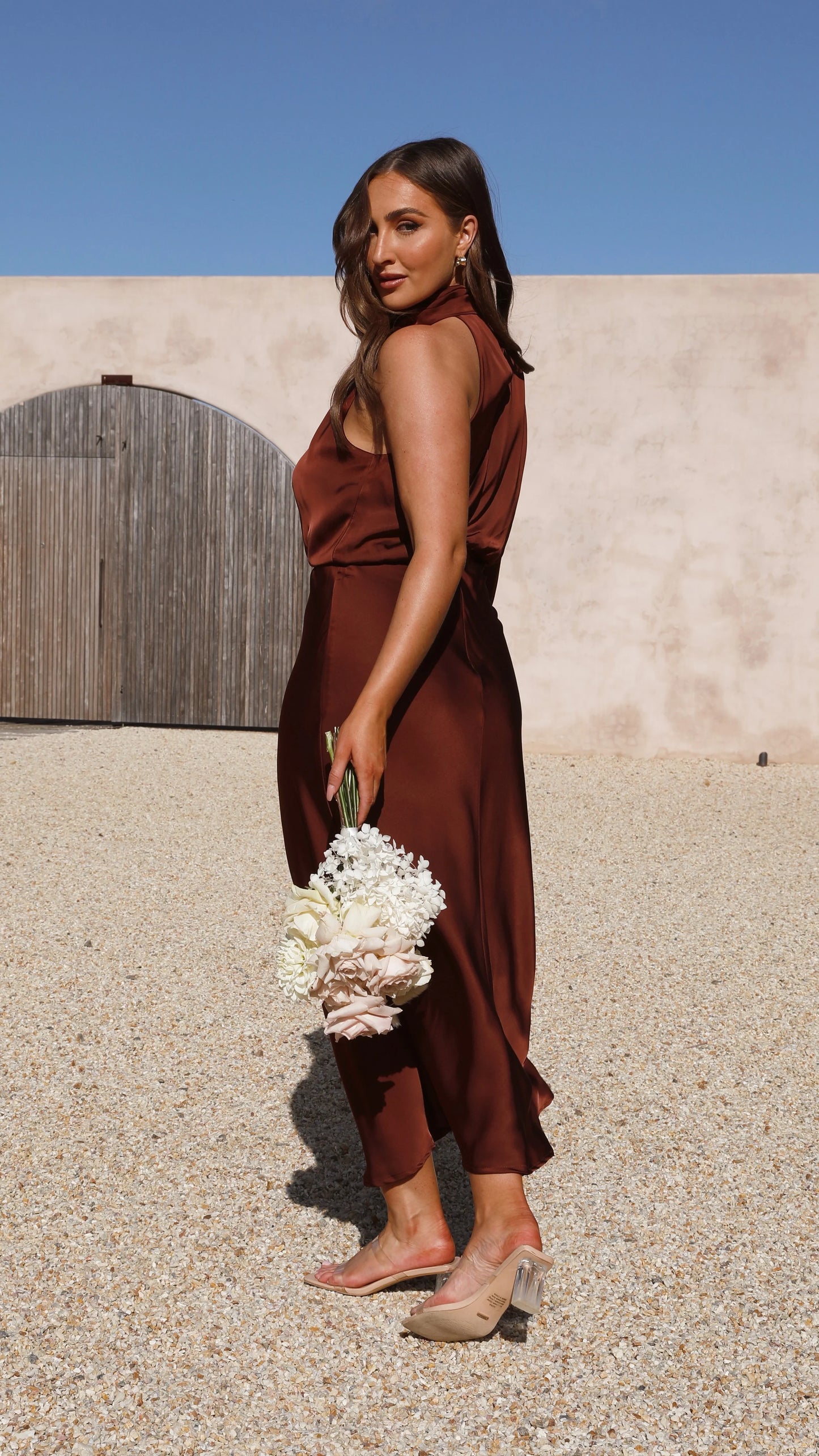 Esther One Shoulder Long Sleeve Dress Brown