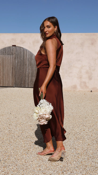Esther One Shoulder Long Sleeve Dress Brown