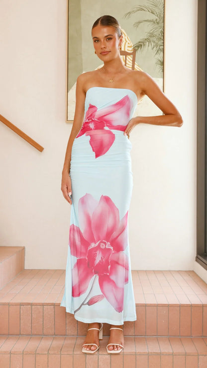 Brittani Strapless Maxi Dress Blue Pink