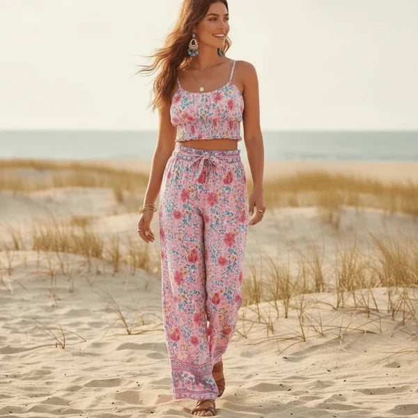 Pink Floral Boho Wide Leg Pants Set