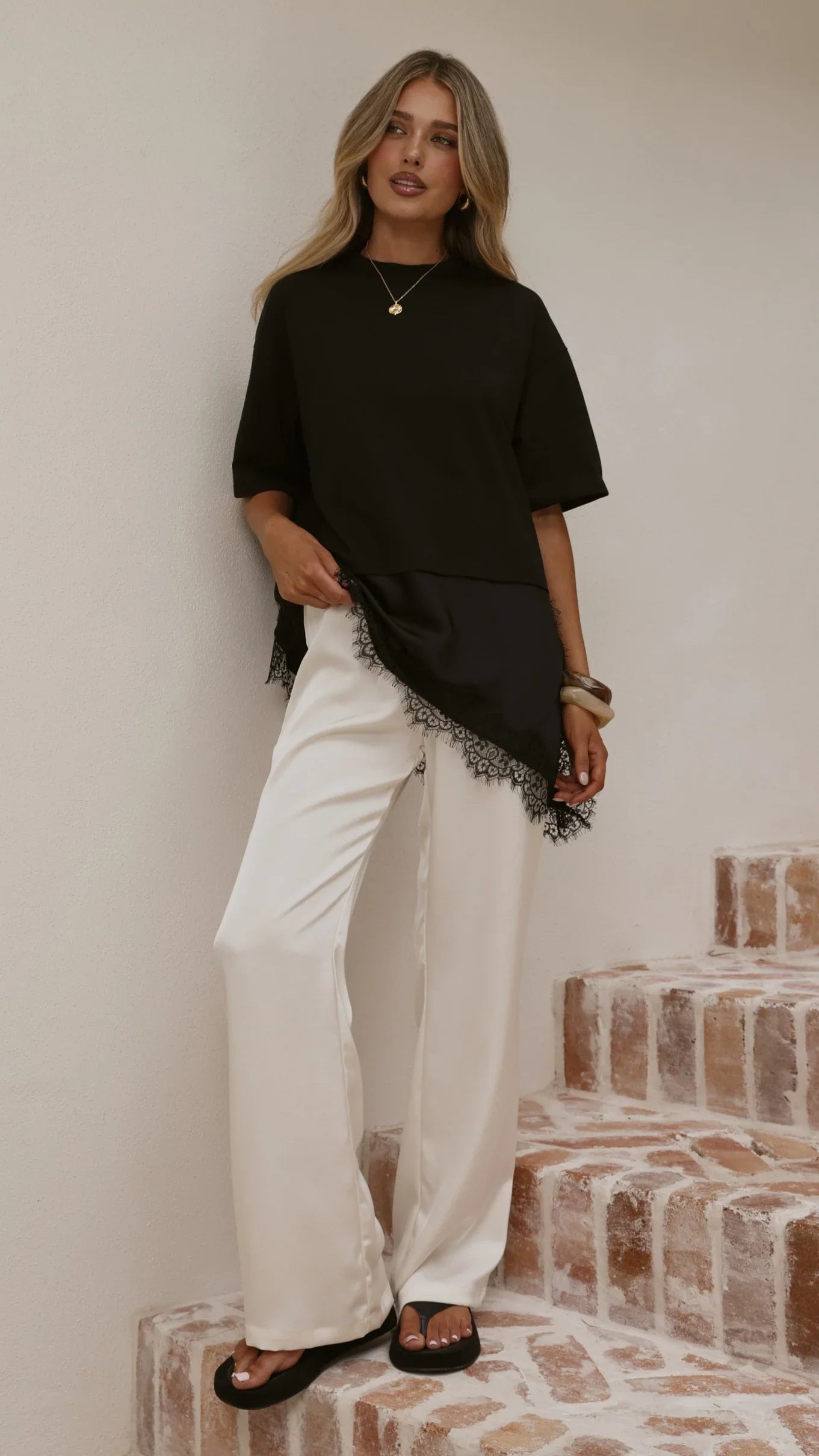 Mirandah Satin Panel T Shirt Black