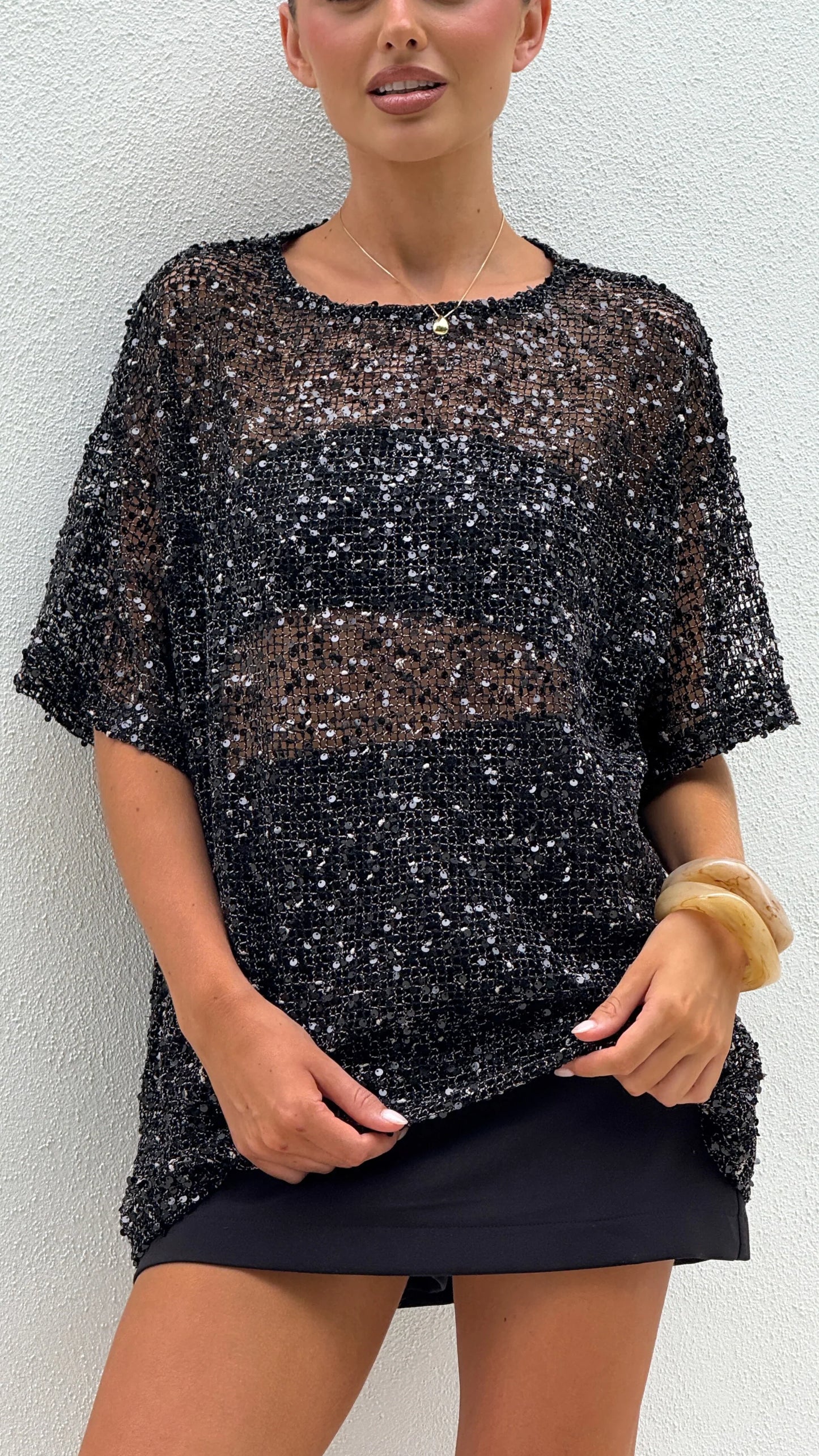 Zinnia Oversized Sequins Tee Black