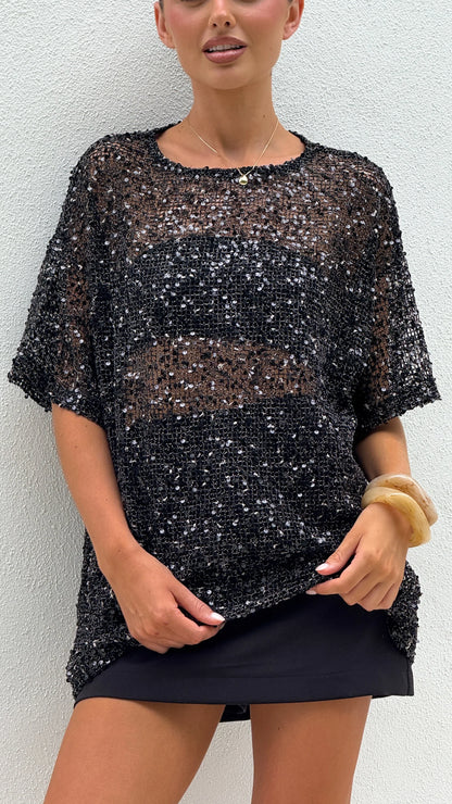 Zinnia Oversized Sequins Tee Black