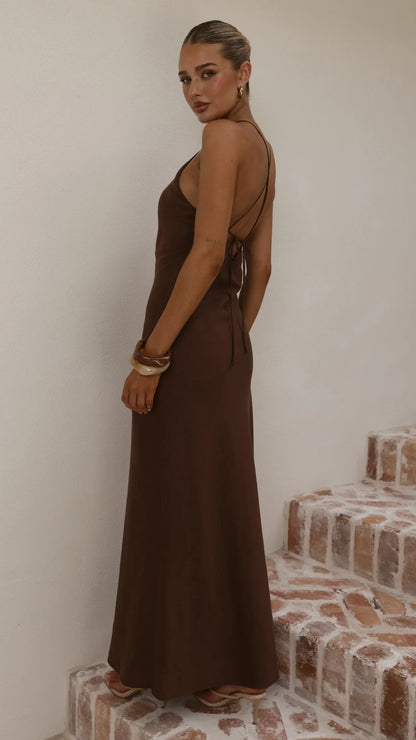 Chiara Linen Maxi Dress Chocolate