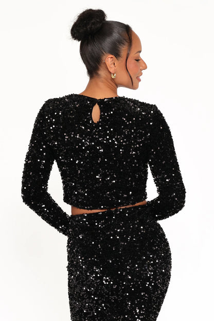 Quinne Cropped Sequin Top Black