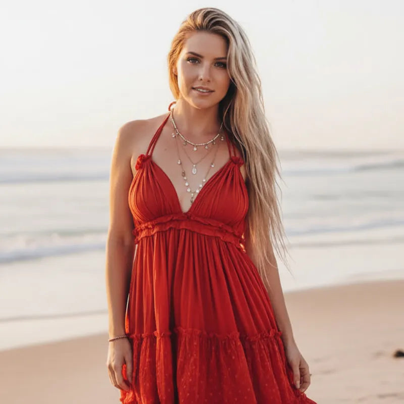 Boho Halter Backless Mini Dress