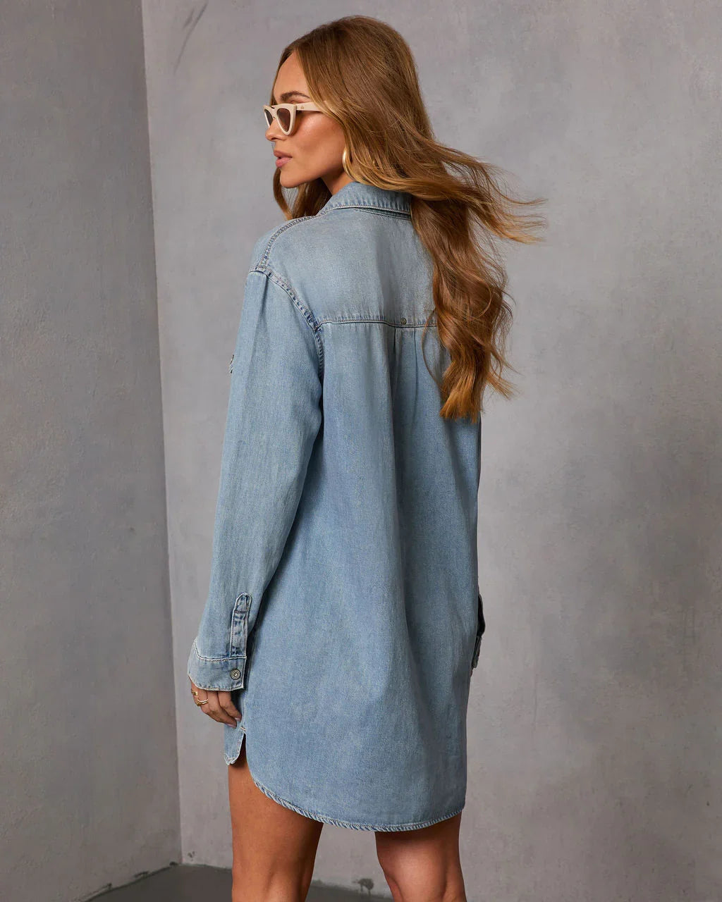Garis Denim Mini Shirt Dress