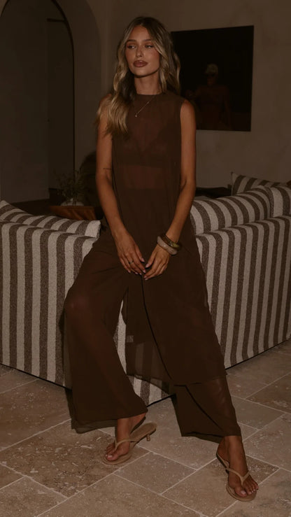 Zaire Long Line Sheer Top and Pants Set Chocolate