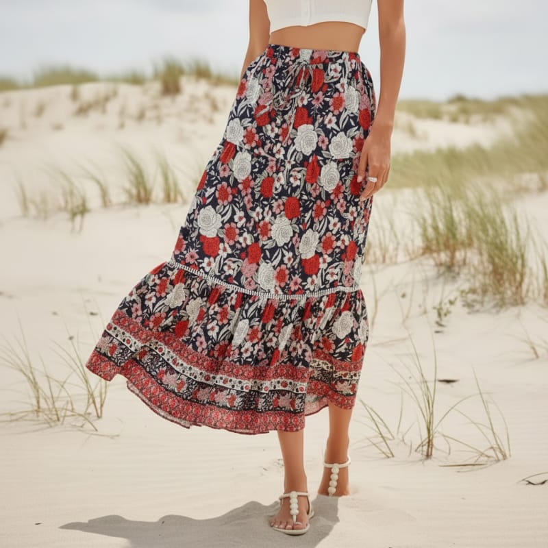 High Waist Floral Boho Maxi Skirt