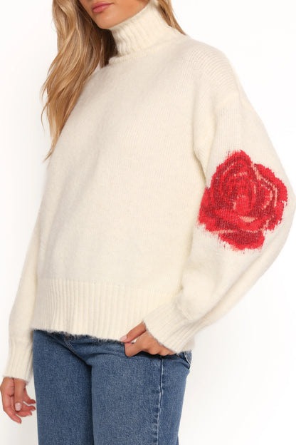 Kelso Flower Embroidery Knit Sweater Cream