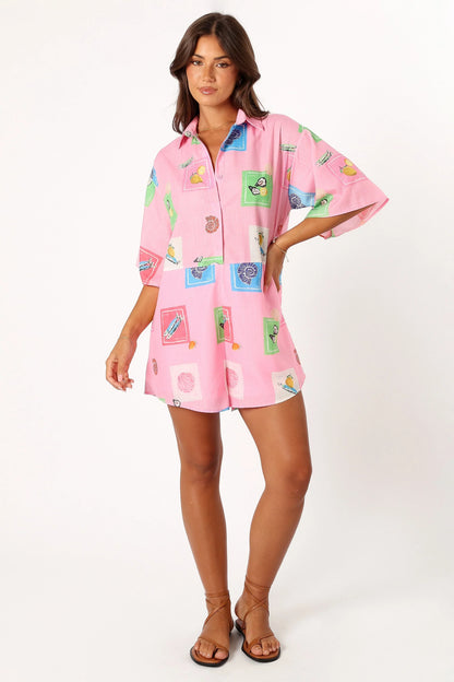 Kellie Romper Pink Stamp Print