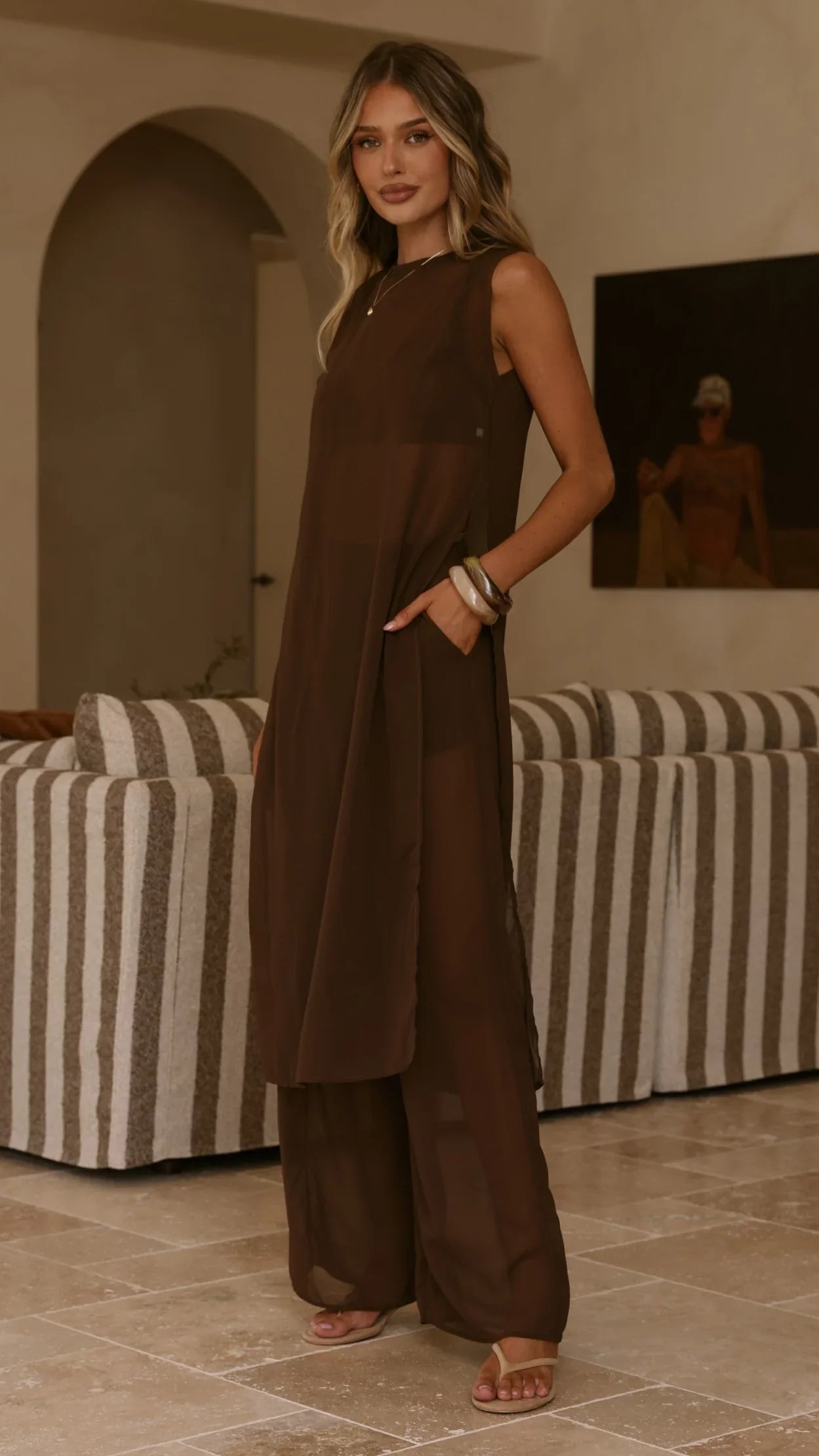 Zaire Long Line Sheer Top and Pants Set Chocolate