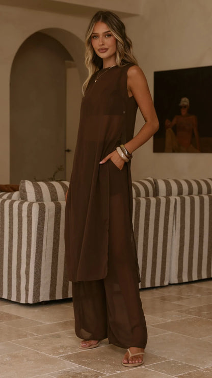 Zaire Long Line Sheer Top and Pants Set Chocolate