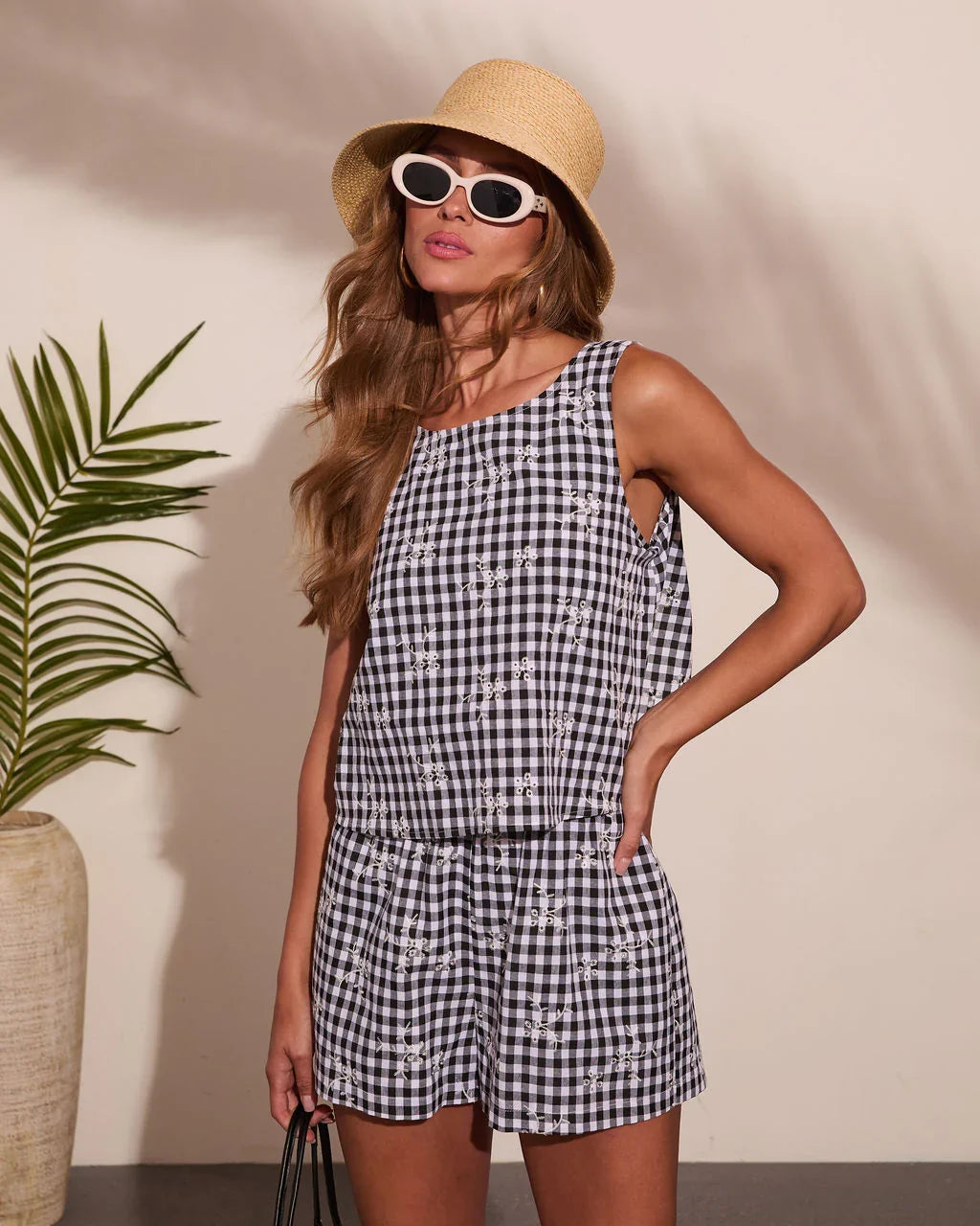 Seaside Muse Eyelet Gingham Print Romper