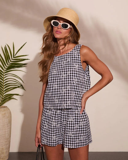 Seaside Muse Eyelet Gingham Print Romper