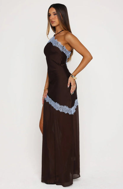 Perfect For You Halter Maxi Dress Dark Chocolate Powder Blue