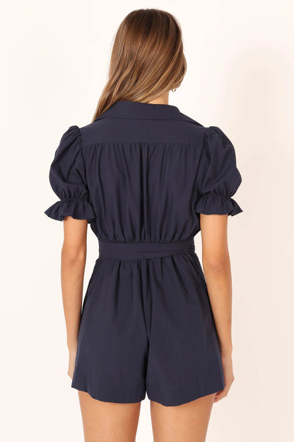 Riley Waist Tie Romper Navy