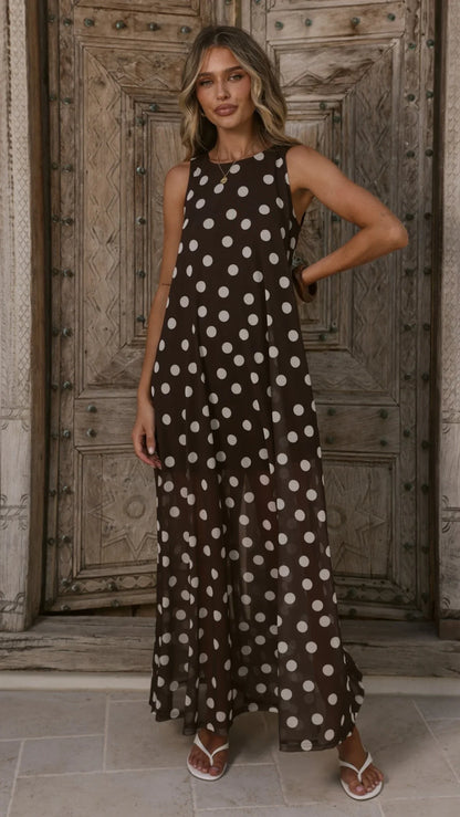 Amryn Maxi Dress Choc White Polka Dot