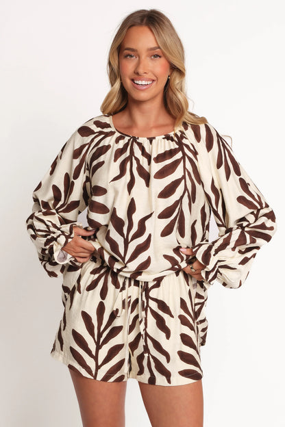 July Long Sleeve Smock Top Brown Palm