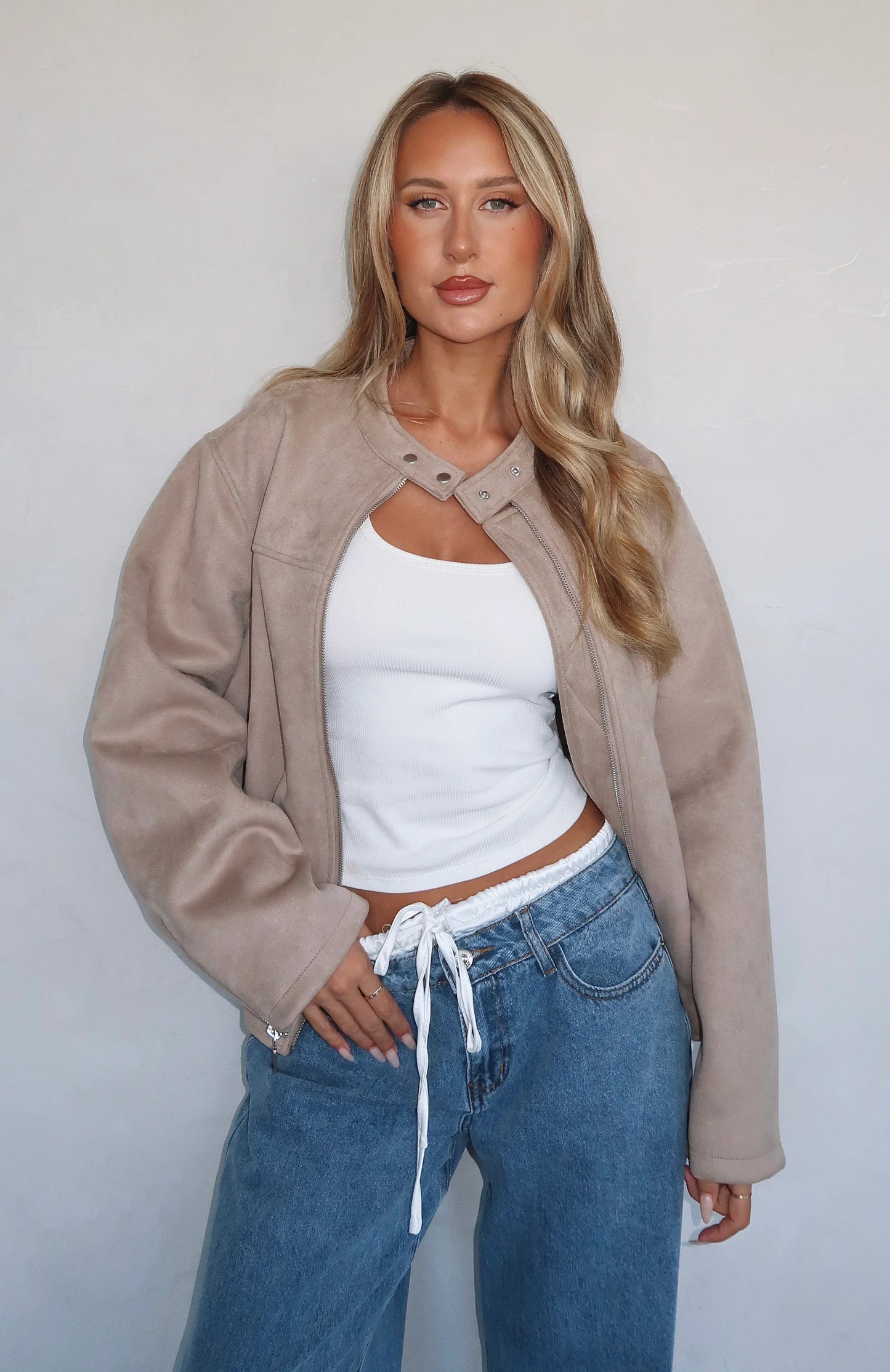 Watchin Out Faux Suede Bomber Jacket Sand