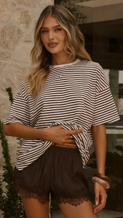Zaina Stripe T Shirt and Micro Lace Shorts Chocolate White