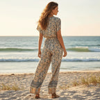 Desert Sage Boho Floral Wide Leg Jumpsuit with Pockets
