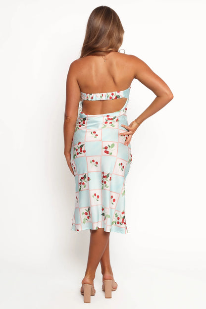 Benton Strapless Midi Dress Cherry Print