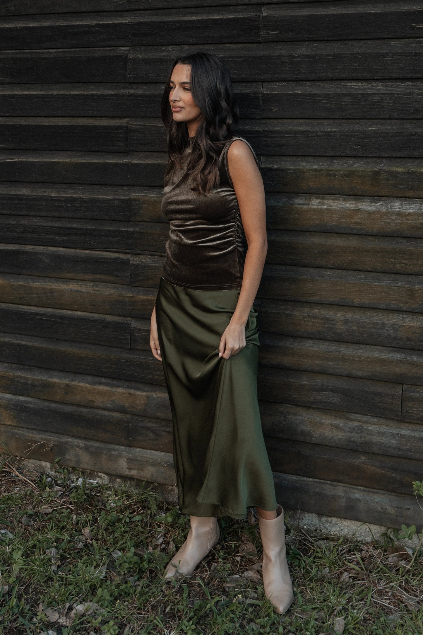 Nellie Satin Midi Skirt Olive