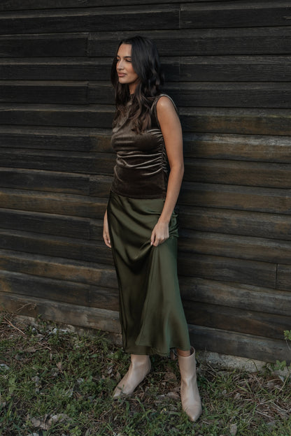 Nellie Satin Midi Skirt Olive
