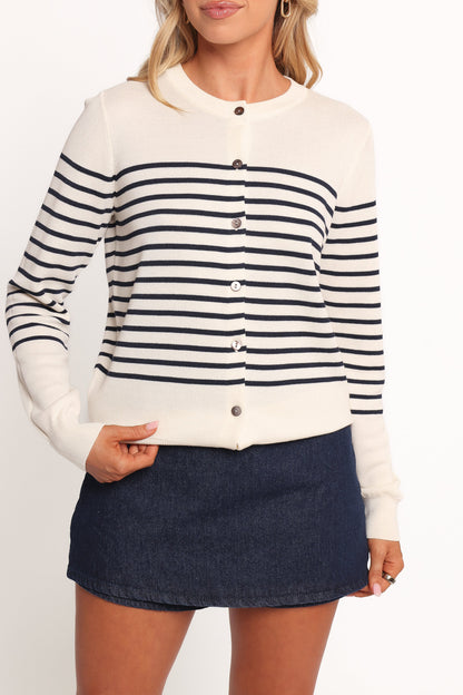 Gavi Button Front Striped Cardigan Off White Navy
