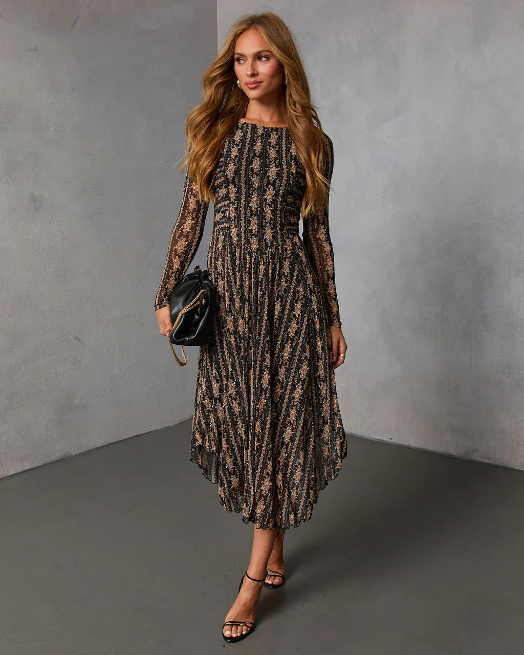 Rusted Rose Printed Mesh Midi Dress