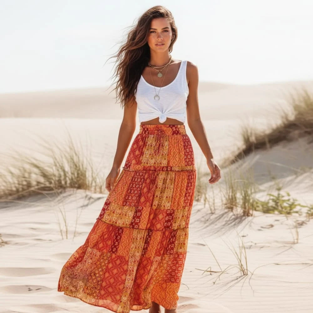 Floral Print Bohemian Maxi Skirt