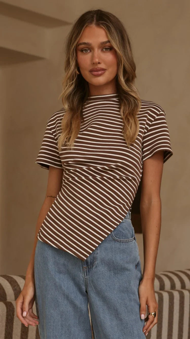 Tiarna Side Ruched Tee Brown White Stripe