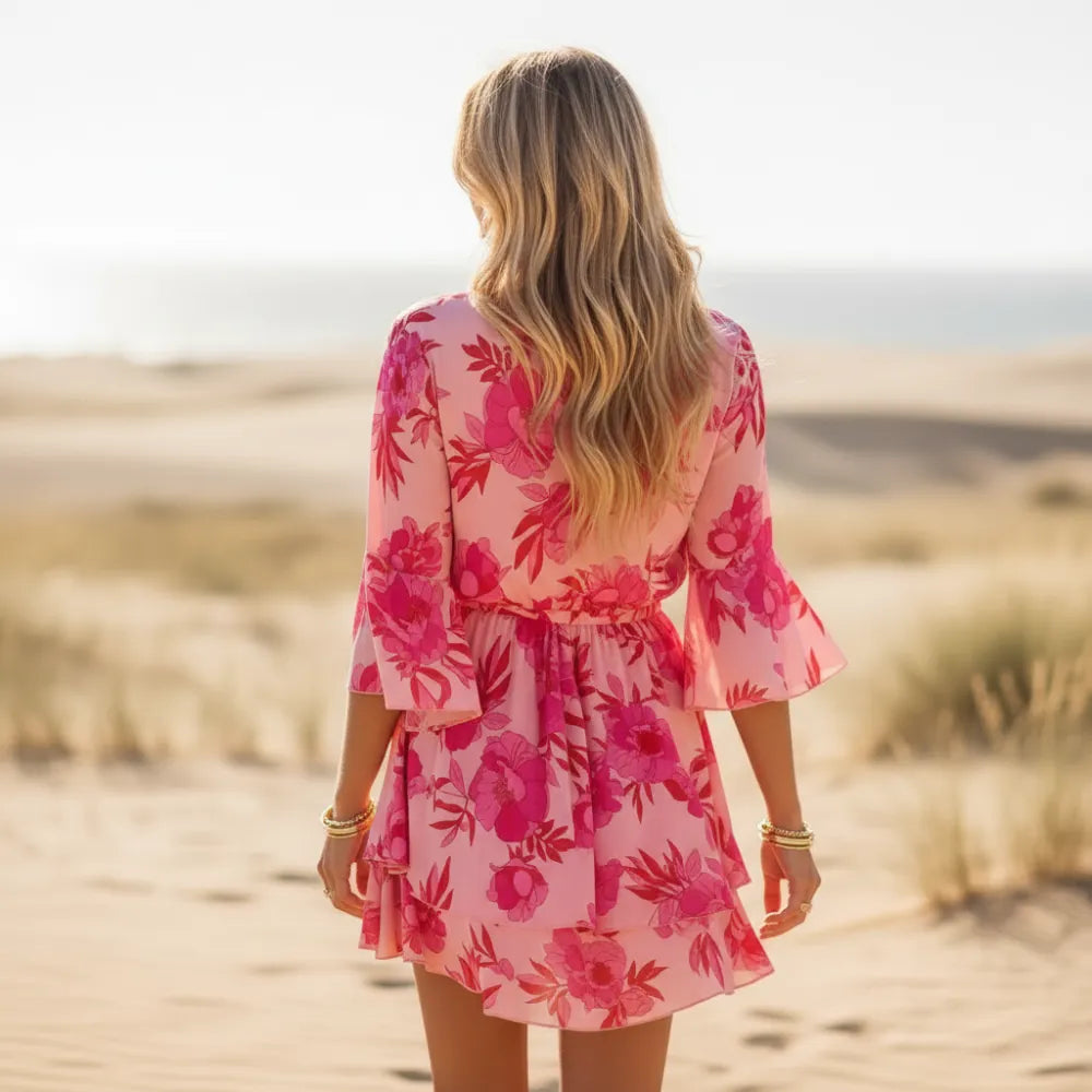 Pink Boho Floral A Line Mini Dress
