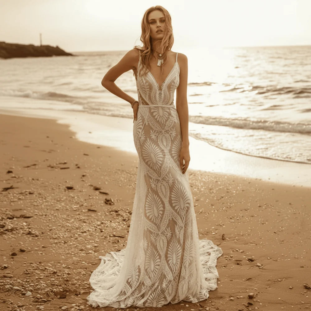 Boho Sweetheart Lace A Line Wedding Dress