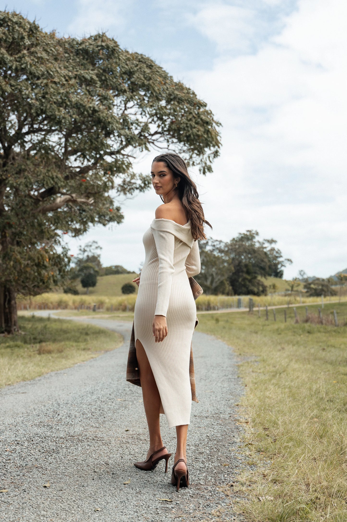 Cammie Long Sleeve Midi Dress Beige