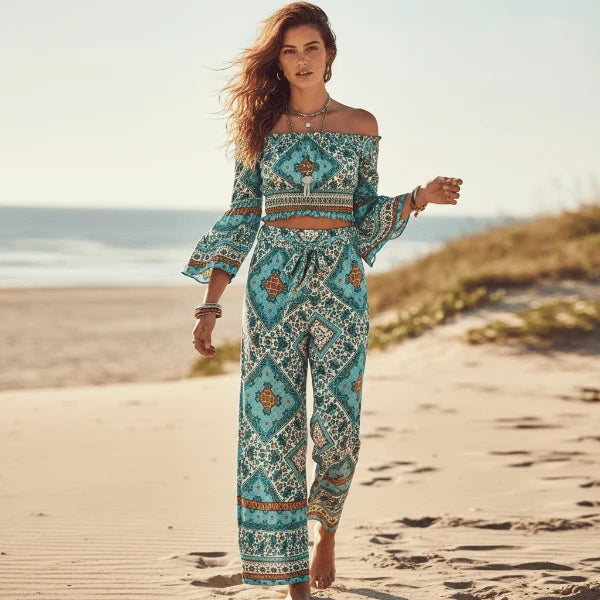 Boho Turquoise Floral Two Piece Wide Leg Pants Set