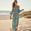 Boho Turquoise Floral Two Piece Wide Leg Pants Set