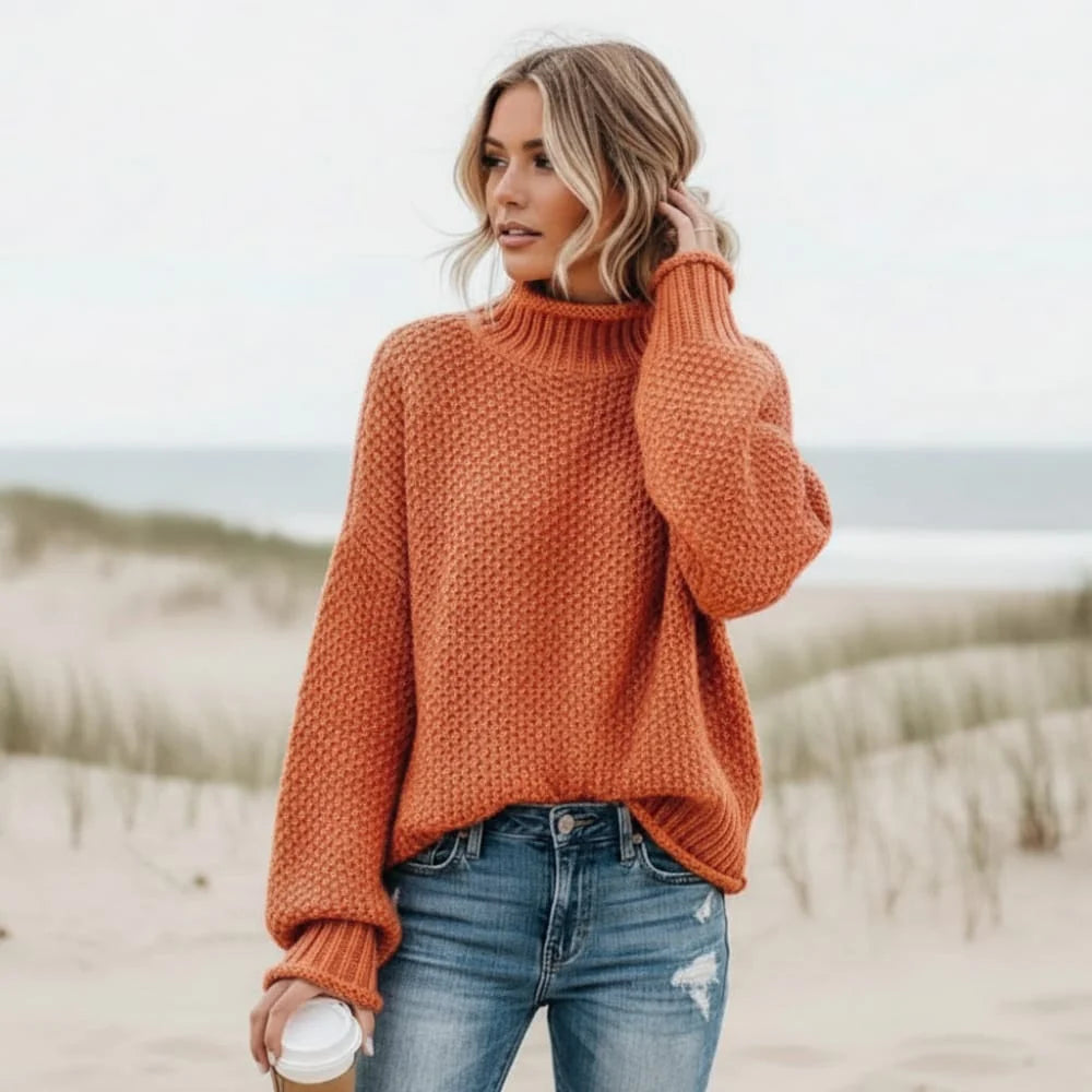Boho Mock Neck Loose Knit Pullover Sweater