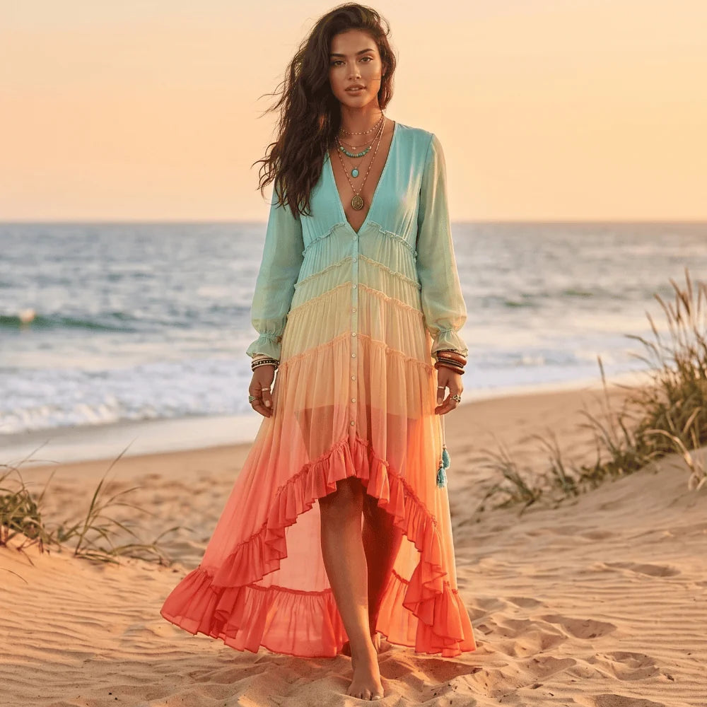 Colorful High Low Long Sleeve Maxi Dress