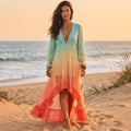 Colorful High Low Long Sleeve Maxi Dress