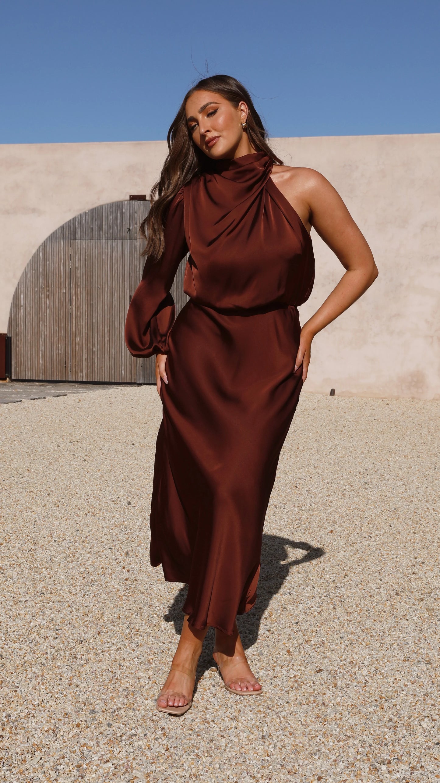Esther One Shoulder Long Sleeve Dress Brown