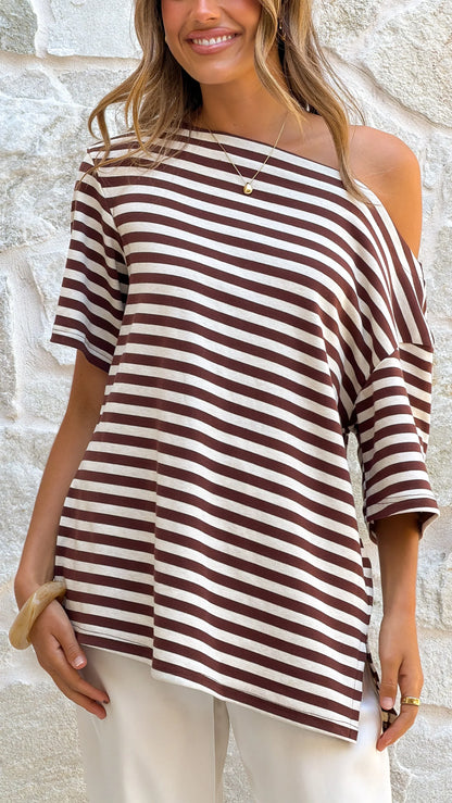 Pia One Shoulder Oversize Tee Choc White Stripe
